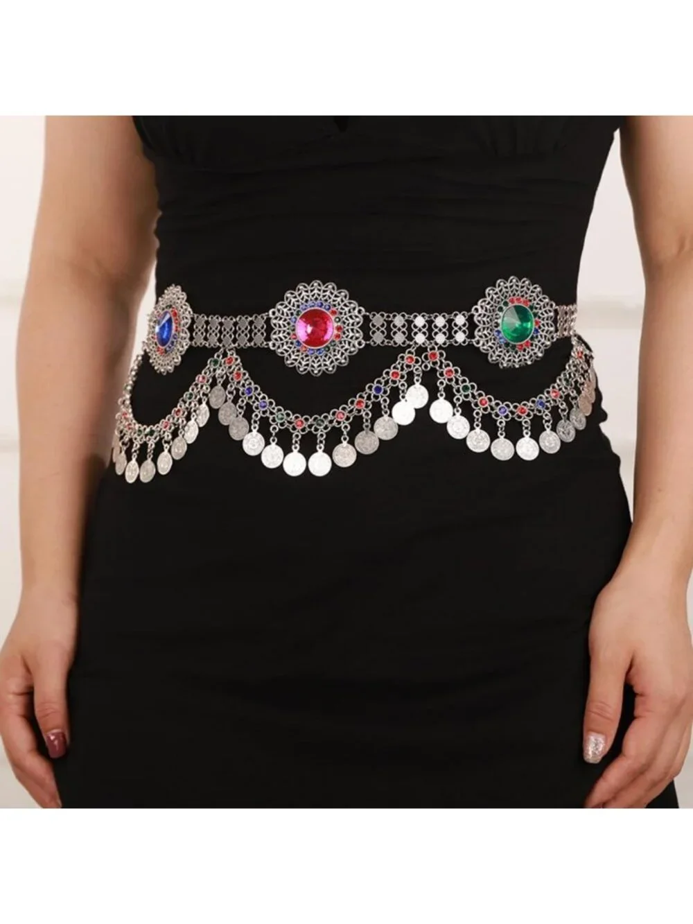 Boho Crystal Rhinestone Body Chain Belt with Silver Coin Pendant & Tassels